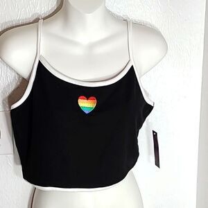 No Boundaries Black Crop-top White Trim & Rainbow Pride Heart, Size Large, NWT